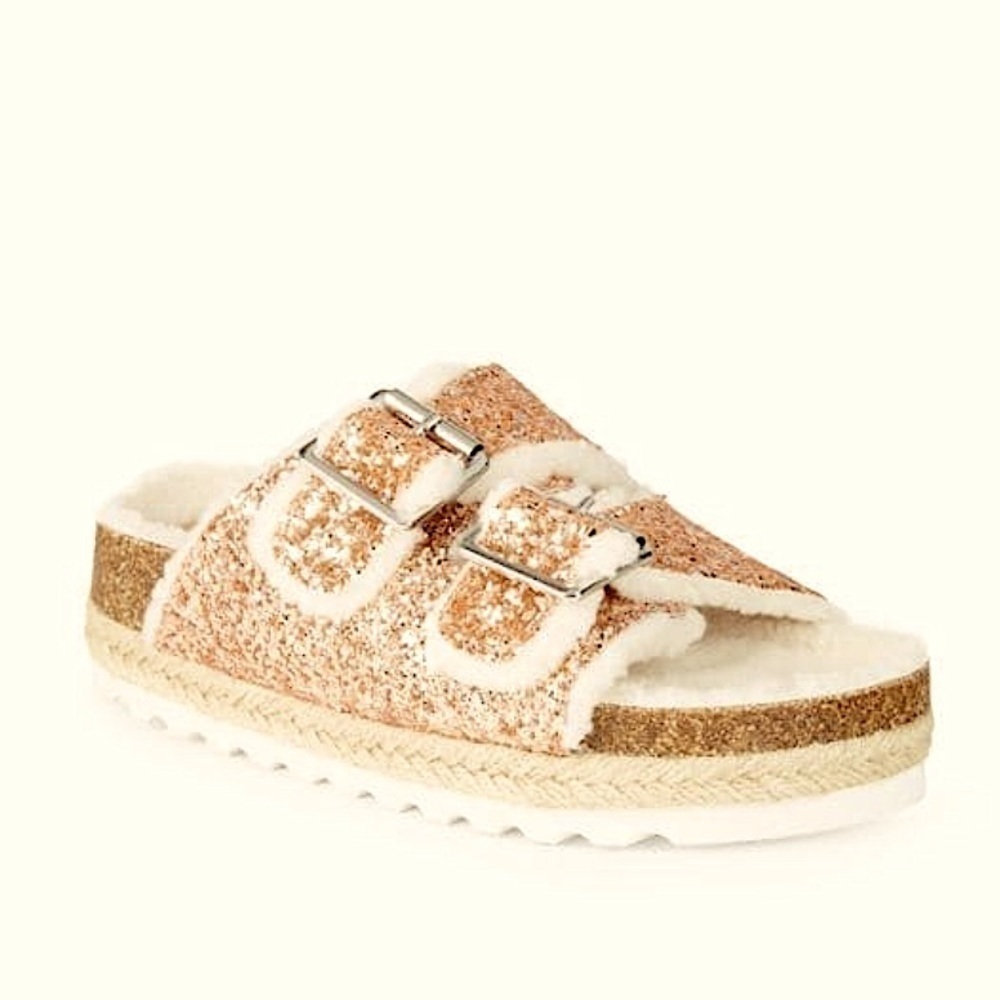 DV BY DOLCE VITA Girl's Carlina Glitter Faux Fur-Lined Espadrille Slides size 2